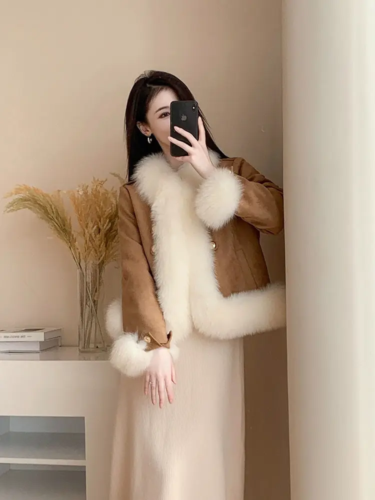 Double Breasted Leather Coats for Women Thick Jacket Warm Female Clothes Faux Fur Collar High Quality Winter New 2024 Outerwears