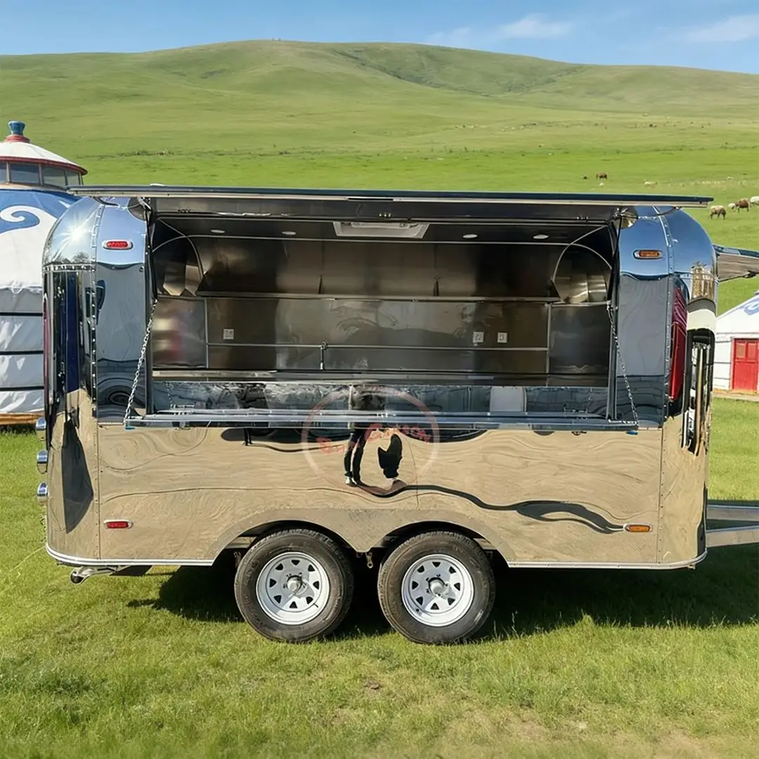 Stainless Steel Mobile Food Trailer with Foldable Awning Double Axle Catering Concession Cart for Outdoor Business