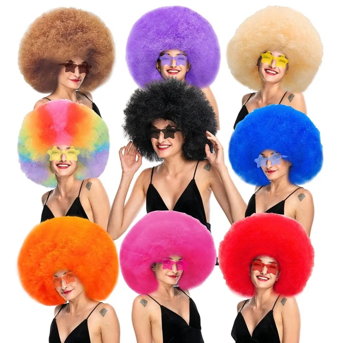 Anxin Afro Kinky Fluffy colorful Heat Resistant Synthetic Wig With Star Glasses For People Party Use