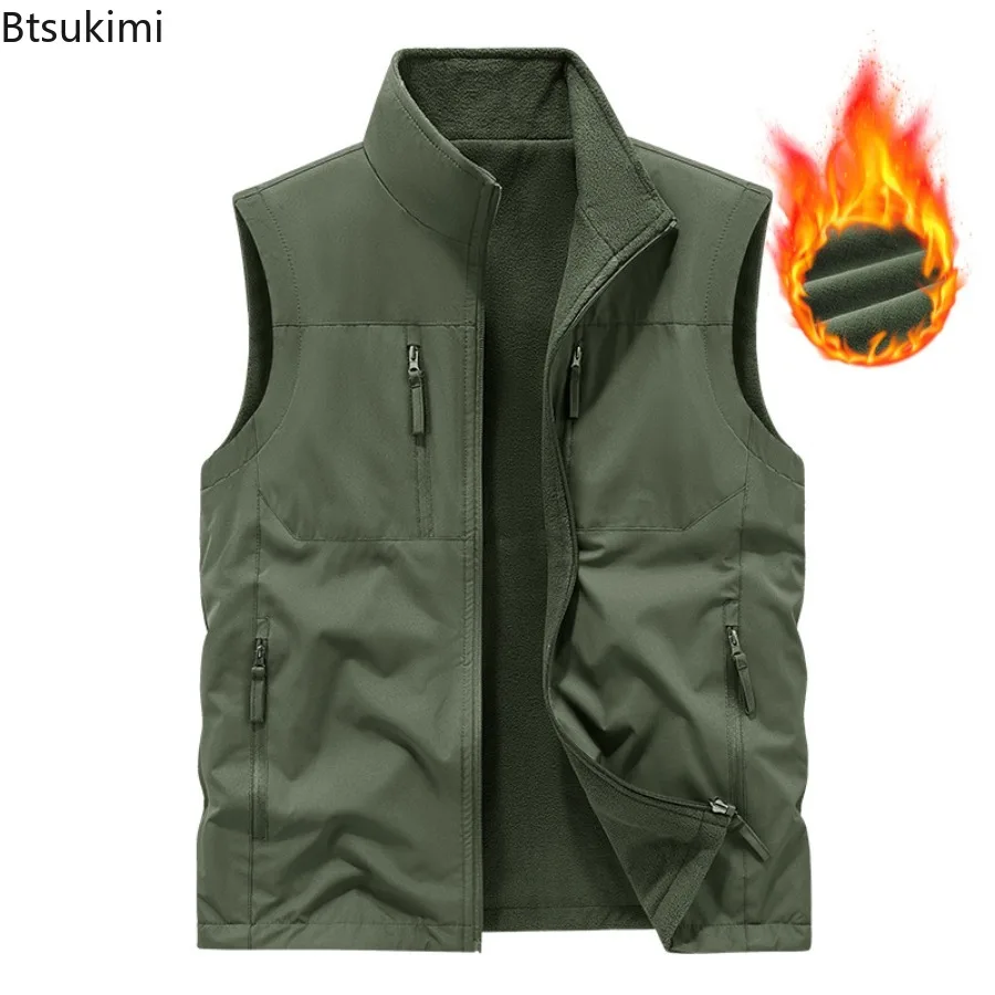 Double-sides Wear Waistcoats Men's Autumn Winter Stand Collar Fleece Sleeveless Jackets Windproof Warm Men Outdoor Casual Vests