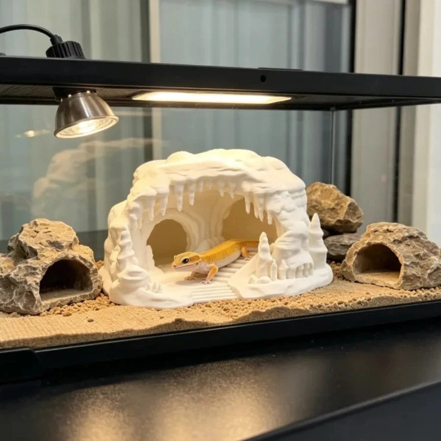 Escondite para Reptiles en Forma de Cueva de Hielo, Decoración para Terrario, Refugio para Geckos, Lagartos y Serpientes con Escalera, Adorno de Hábitat Impreso en 3D para Anfibios