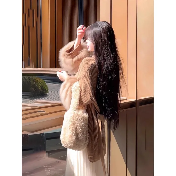 カーキレトロチェック柄ロングスリーブニットセーターコート女性の秋冬怠惰な服装エレリーレディスレニットトップ