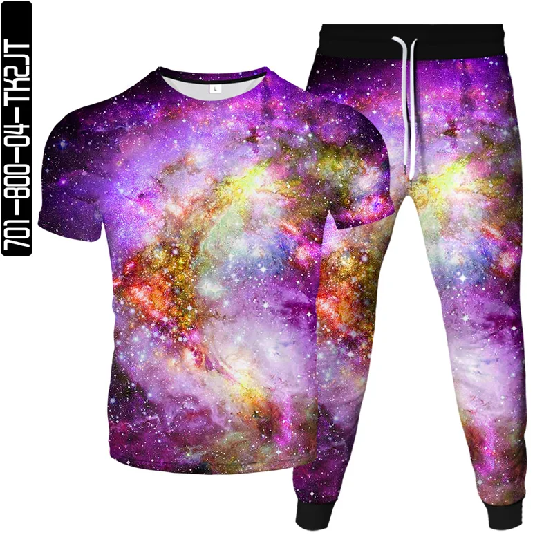 Men's Harajuku Colorful Galaxy T Shirt Long Pants Sets Oversized Tracksuit Male Short Sleeve T-Shirt+Trousers 2Pcs Clothing Suit