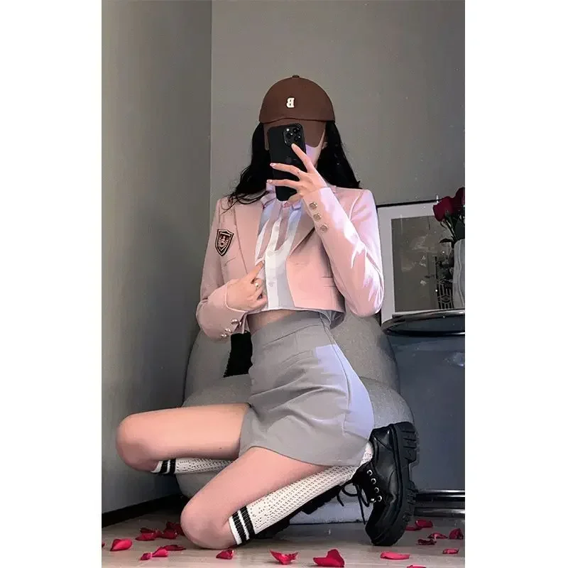 Lente Sexy High Street Roze Kantoor Jk Uniform Top Blouse Grijze Rok 3pcs Y2K Dameskleding Koreaanse Mode Seifuku uniform