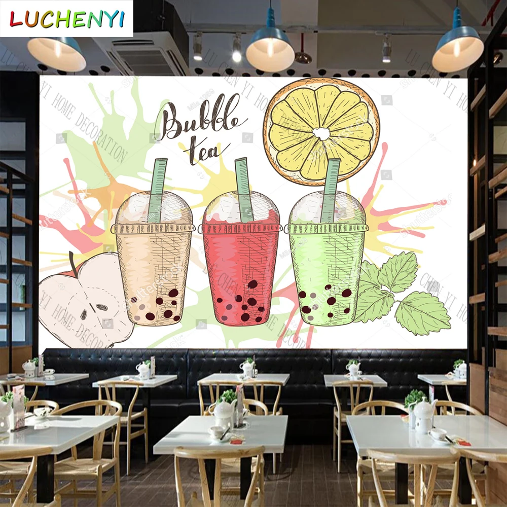 

Custom fruits tea lemonade juice mural wallpaper restaurant cold drinking shop dining room wall papers home decor sticker