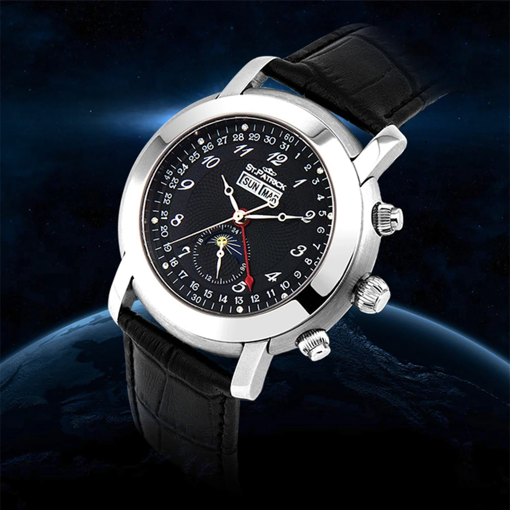 43mm Vintage Automatic Watch Men Luxury Mechanical Wristwatches Classic Retro Sapphire Glass Moon Phase Clocks STPATRICK Relogio