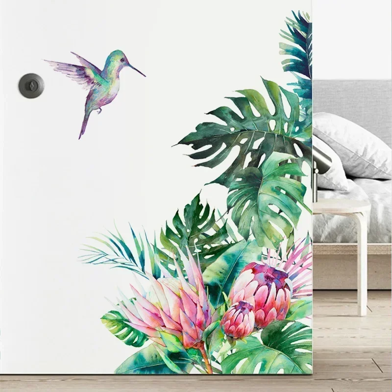 Tropische Blätter- und Blumen-Wandbilder, abnehmbare Vogel-Dekoraufkleber für Schlafzimmer, Wohnzimmer, Heimwandkunst-Dekoration