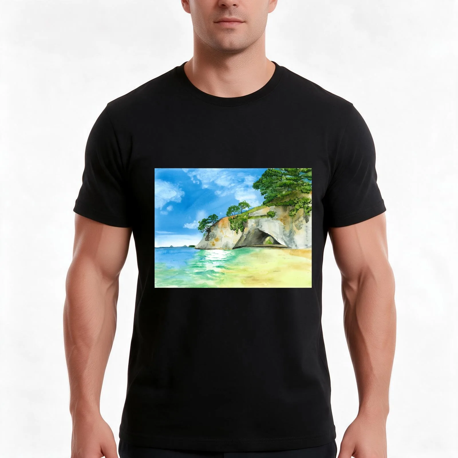 Cathedral Cove - Watercolour Painting T-Shirt, Summer Casual Cotton Tee, Oversized Streetwear Tops, Vintage Graphic Print