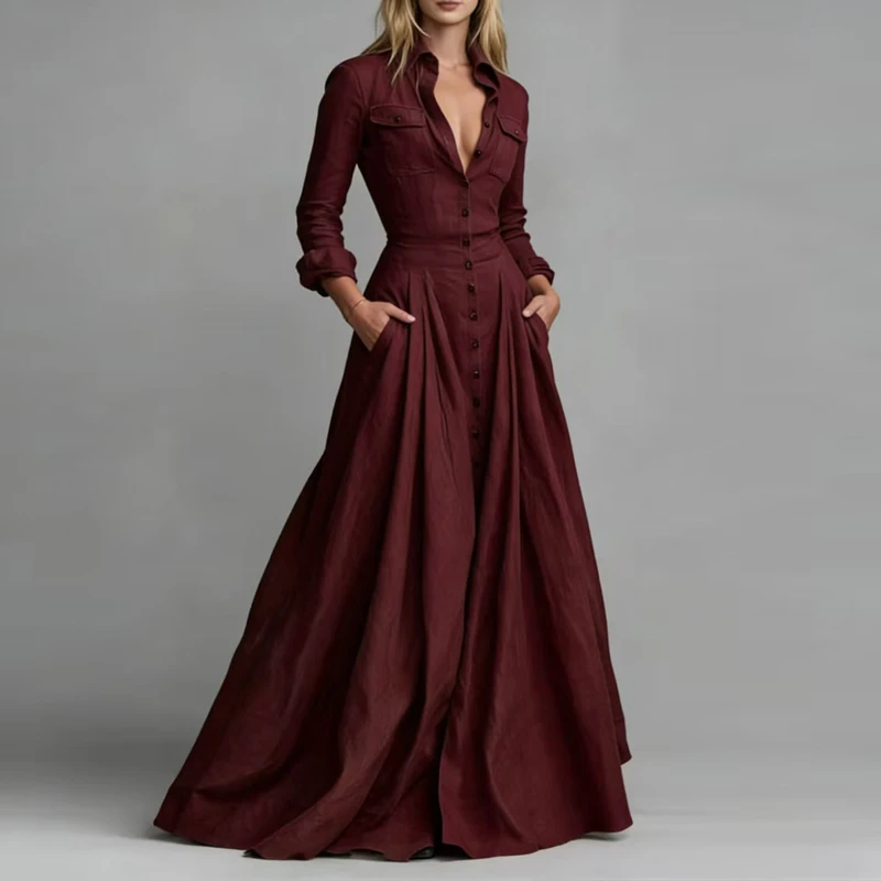 Casual Turn-down Collar Button Maxi Dress Woman Elegant Solid High Waist Swing Long Dresses Autumn Long Sleeve Pocket Boho Dress