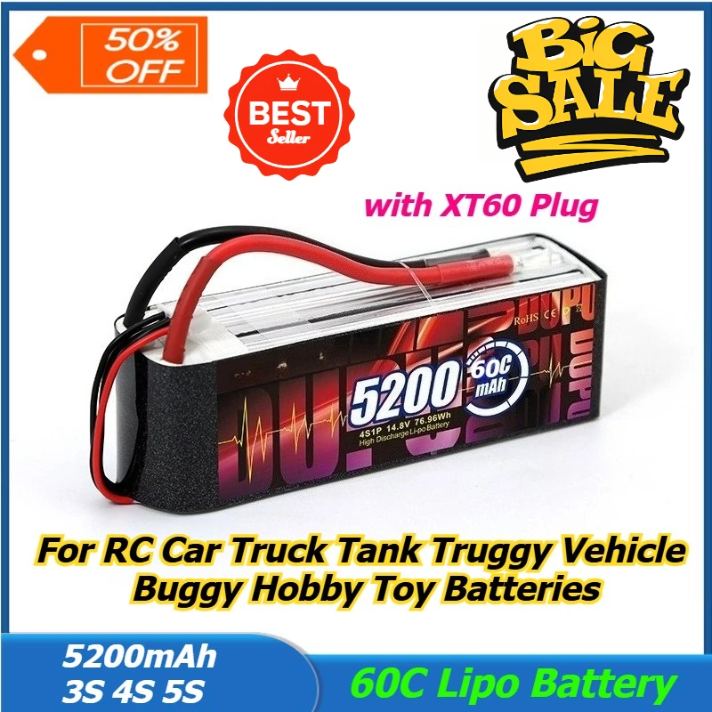 

5200mAh 3S 4S 5S 60C Rechargeable Lipo Battery with XT60 Plug for RC Car Truck Tank Truggy Vehicle Buggy Hobby Toy Batteries