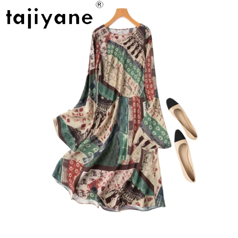 TAJIYANE 100% التوت فستان حريري امرأة الصيف 2025 خمر ملابس منقوشة بكم طويل فساتين عطلة الفساتين السيدات الملابس Vestidos