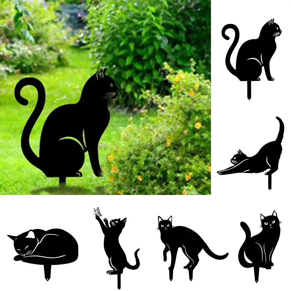 

New Iron Art Cat Metal Statues Black Ground Inserted Pile Garden Ornaments Outdoor Lawn Decoration