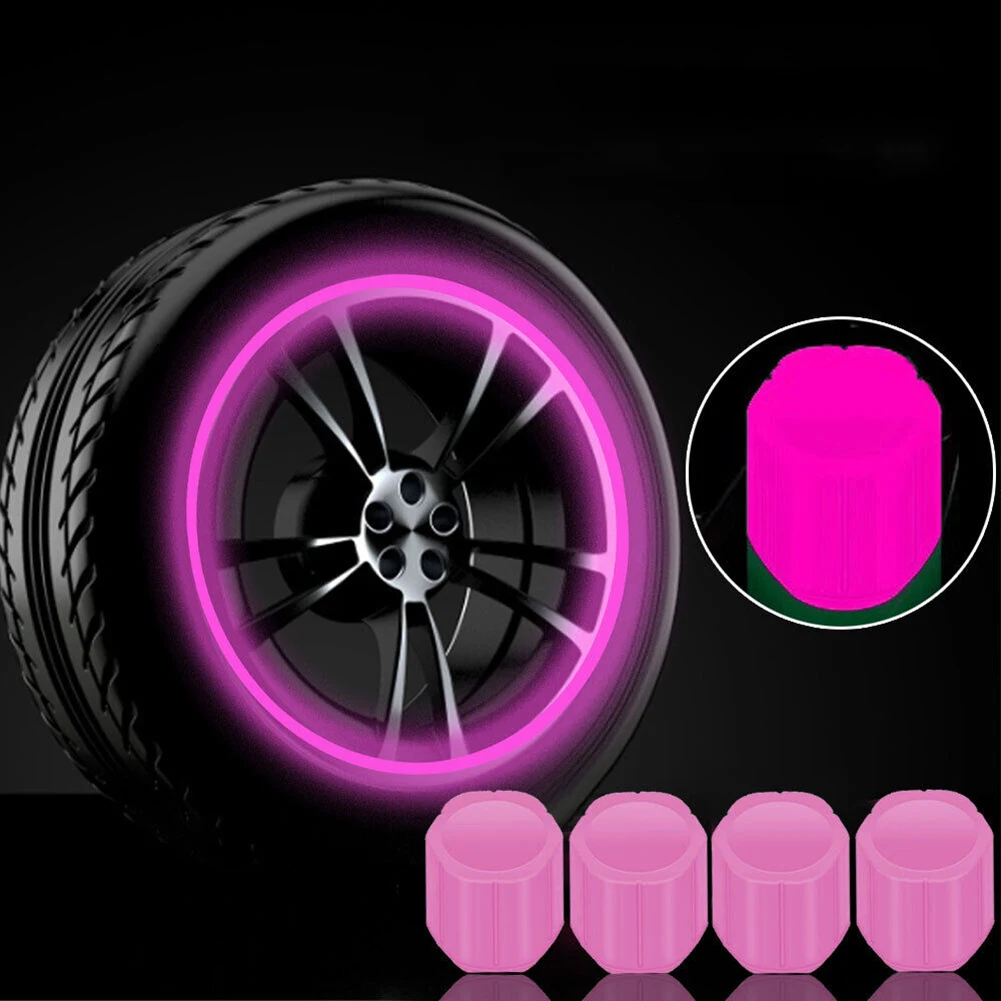 Válvula luminosa de neumático Universal de 4 piezas, cubiertas de válvula de neumático de coche fluorescentes que brillan en la oscuridad, cubierta de vástago rosa de rueda, decoración fluorescente