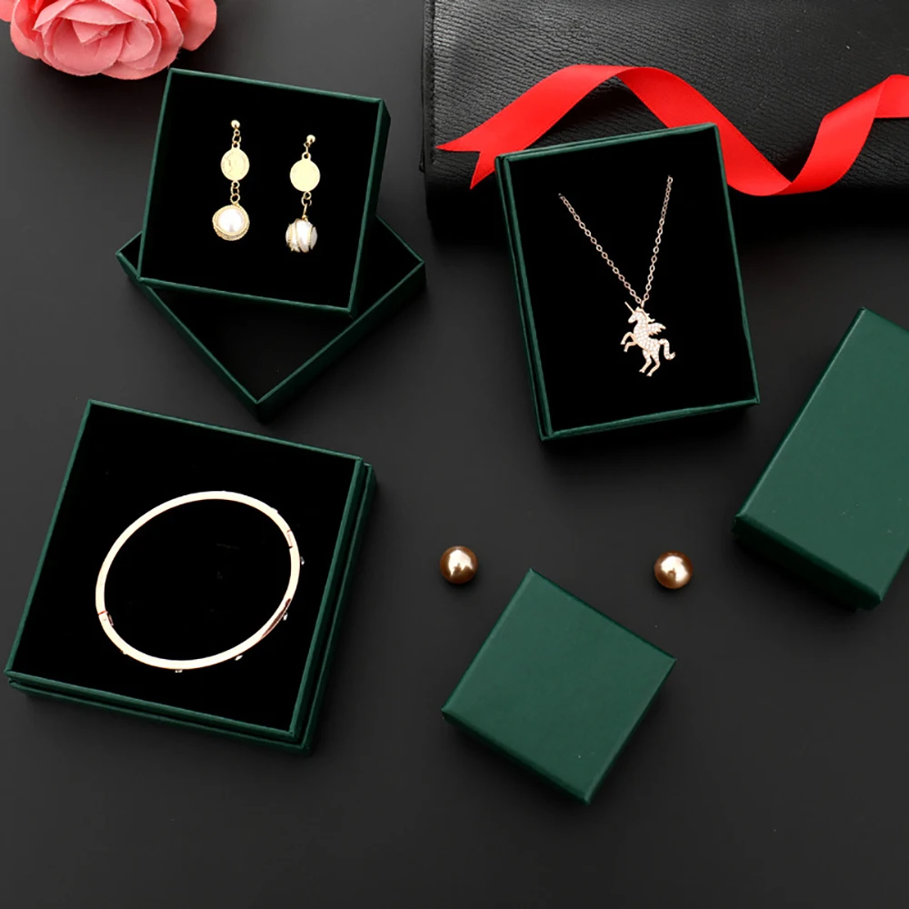 12pack White Simple Luxury Box Dark Green Paper Jewellry  Rings Earrings Bracelet Necklace Display Case Jewelry Organizer Boxes