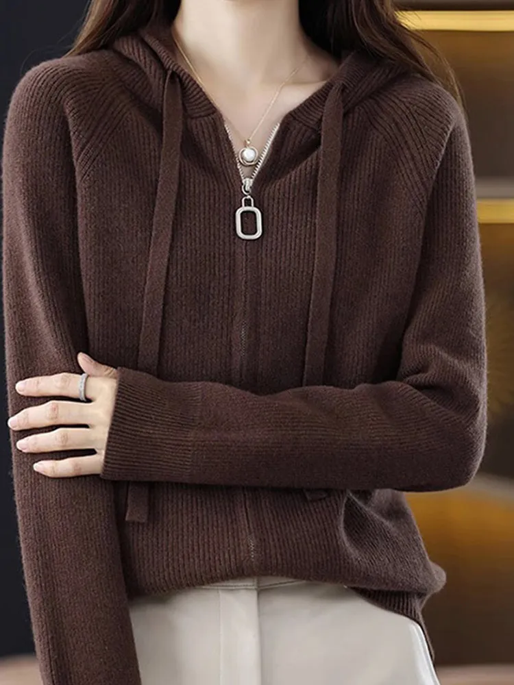 

Korean Sle Lazy Long Sve Knitted Cardigan Hooded Pure Color Versatile Sweater Coat Zipper Design Winter New Arrival