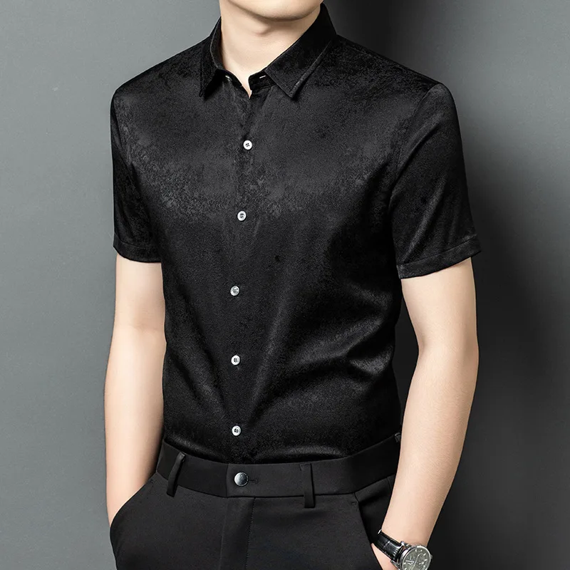 

High Quality Real Silk Men's Summer Short Sleeve Shirt Youth Fashion Casual Thin Type Loose All-Match Half Clothing