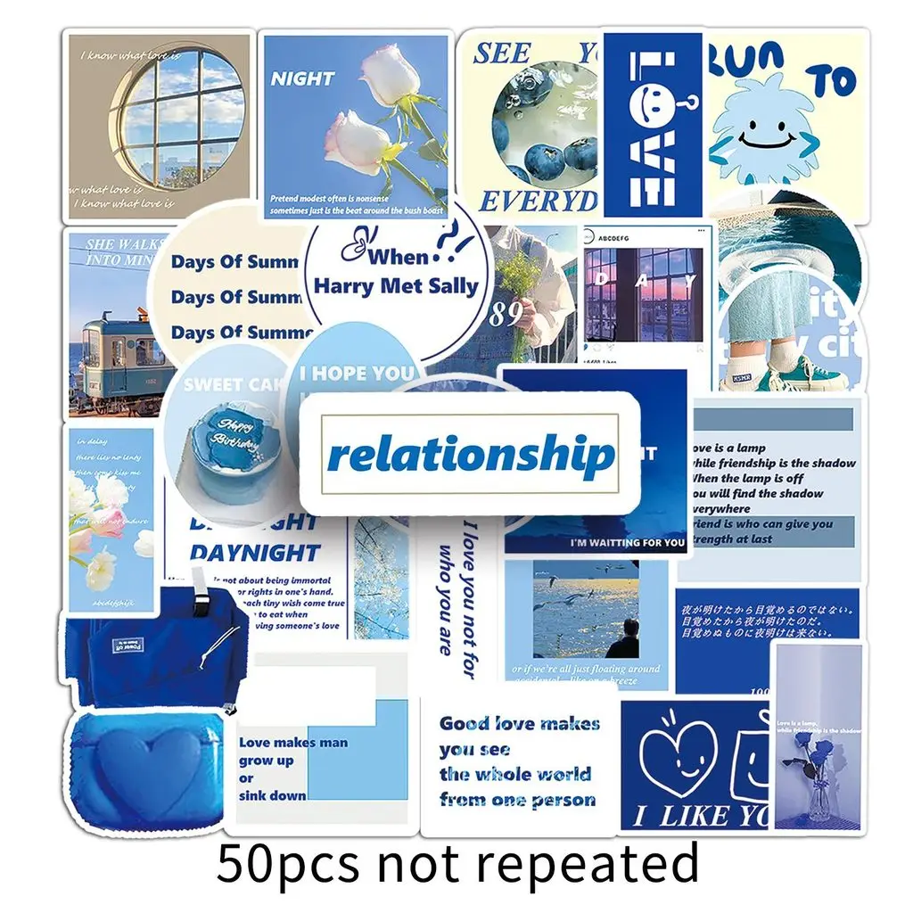 

50 PCS Blue INS Style Journal Stickers - Literary English Collage Waterproof Decor for Notebooks & Water Cups Anime Worlds Store