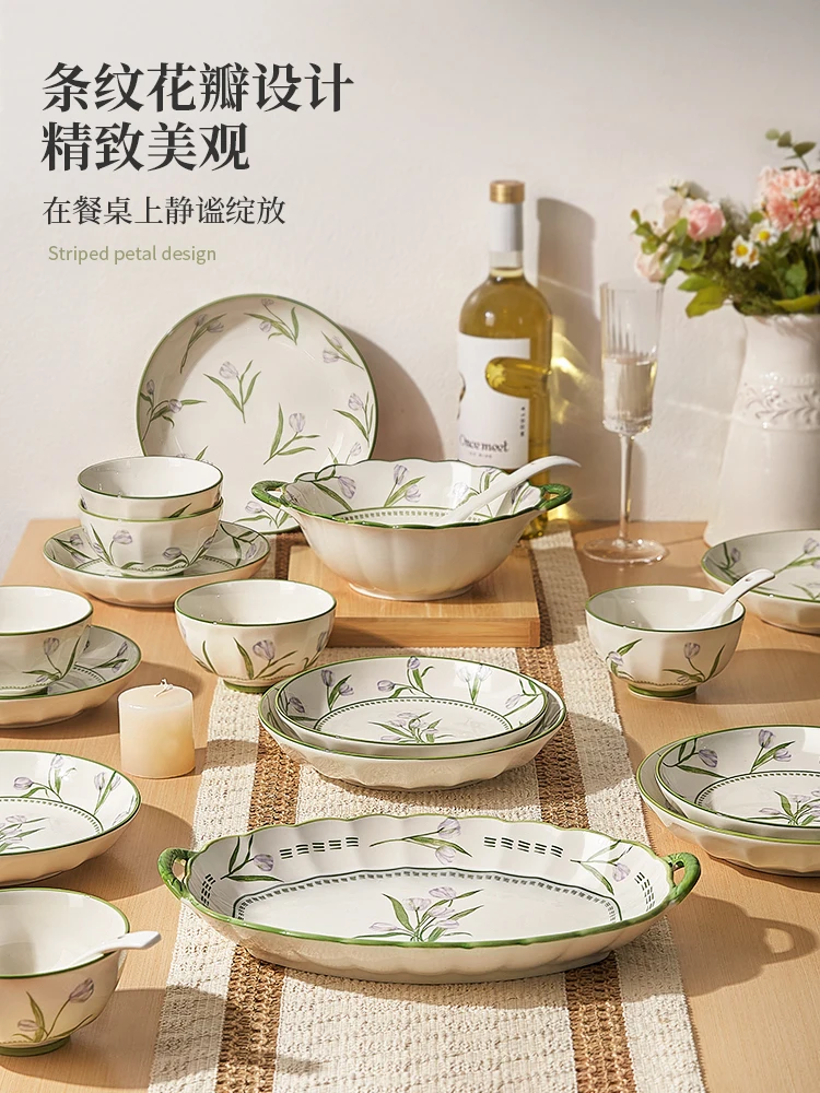 

Fresh dishes set Household 2024 new plates, dishes and chopsticks High value underglaze color ceramic housewarming