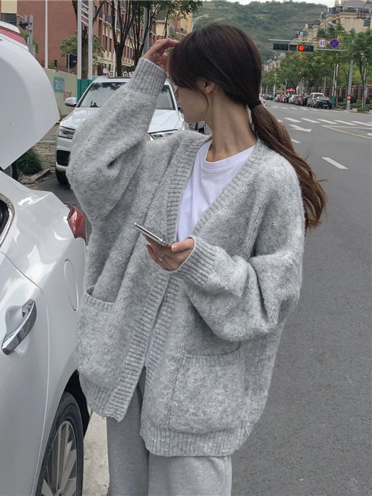 Cardigan Women Solid Loose Simple Casual Thick Winter Harajuku Chic Streetwear Soft Warm Basic All-match College Korean Style BF