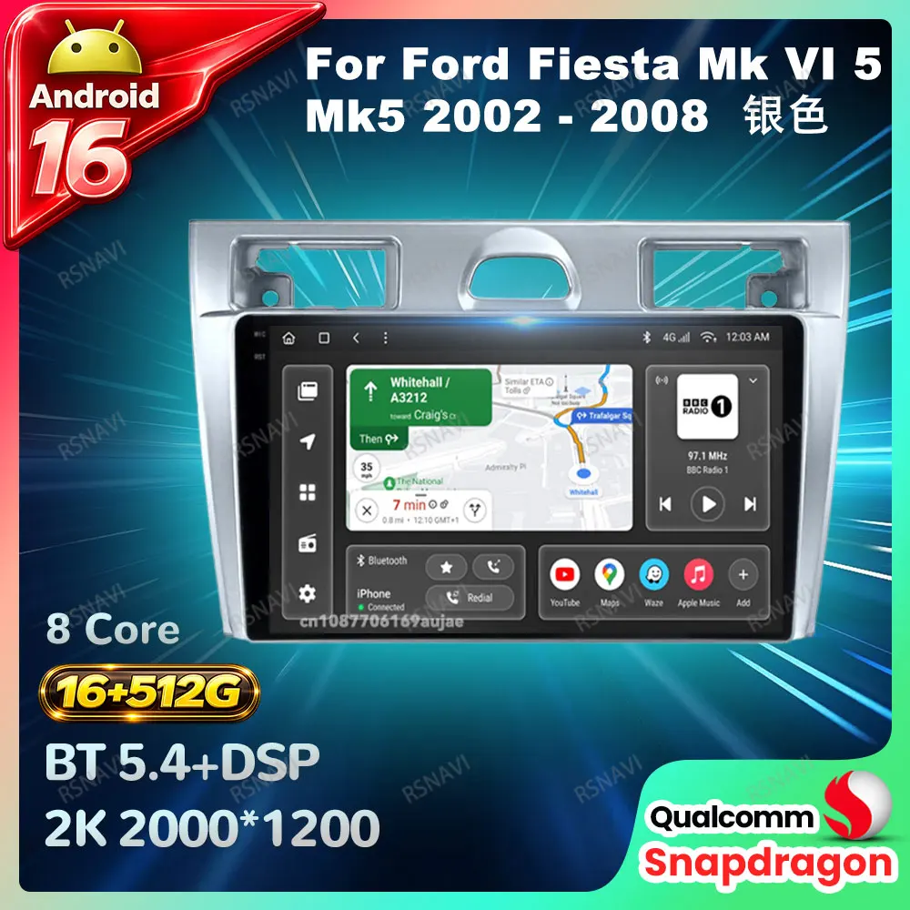 Radio para Auto Android 16 para Ford Fiesta Mk VI 5 Mk5 2002 - 2008, Carplay Inalámbrico, Auto DVD, 4G LTE Multimedia, Unidad Principal con WIFI 5G QLED