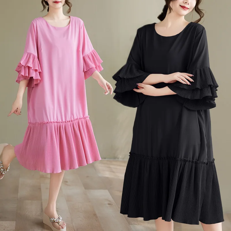 فستان قميص فضفاض للنساء بلون سادة وأكمام مضيئة على شكل حرف a مطوي تي شيرت فستان صيفي غير رسمي للحفلات الكشكشة رداء