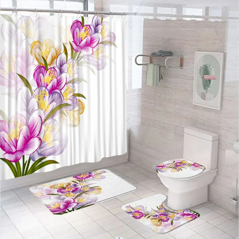 Abstract Floral Shower Curtain Sets Bathroom Screen Blooming Flower Boho Mid Century Anti-Slip Bath Mats Toilet Cover Carpet Rug