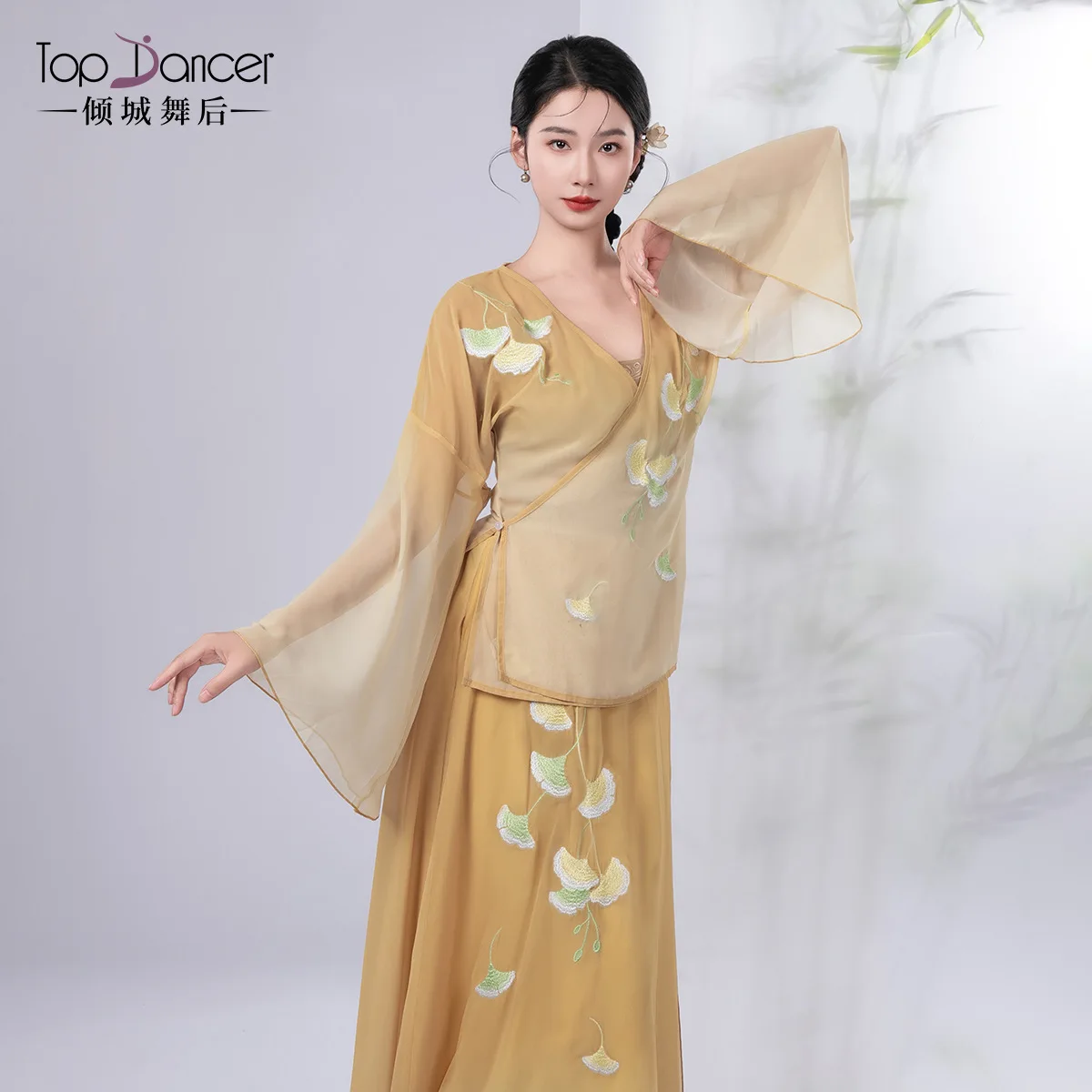 여성용 클래식 댄스 의상 그라데이션 플로잉 자수 바디 라임 거즈 드레스 신중국 스타일 연습복