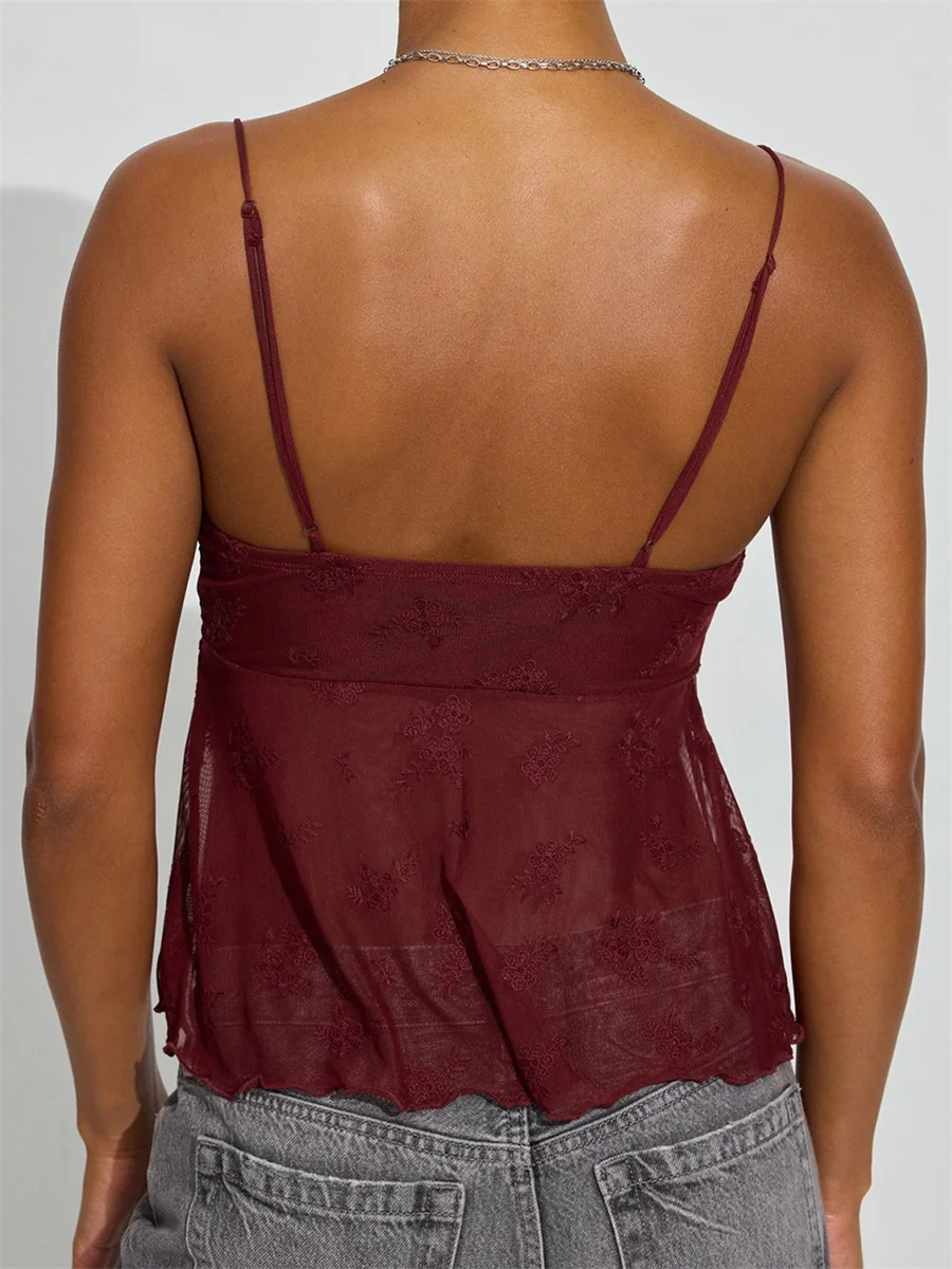 Y2k قطع علوية نسائية مثيرة مفتوحة من الأمام بدون أكمام قميص قصير بحمالات رفيعة شبكية مزهّرة منخفضة على شكل حرف V بدون ظهر كامي للخروج