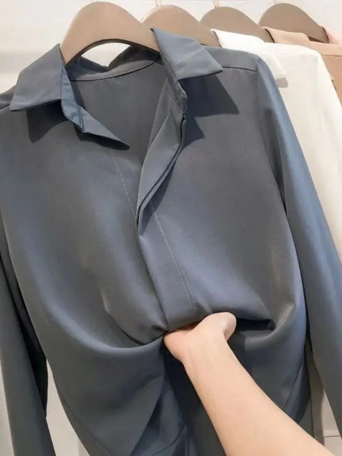 

Pure Color Long Sve irt Stand Collar Lapel Simple Street Sle Women's Busin Casual Faion Autumn Collection