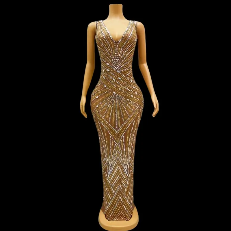 

Gold Rhinestones Evening Party Bodycon Long Dress Sexy Transparent Sleeveless Birthday Prom Catwalk Stage Performance Costume