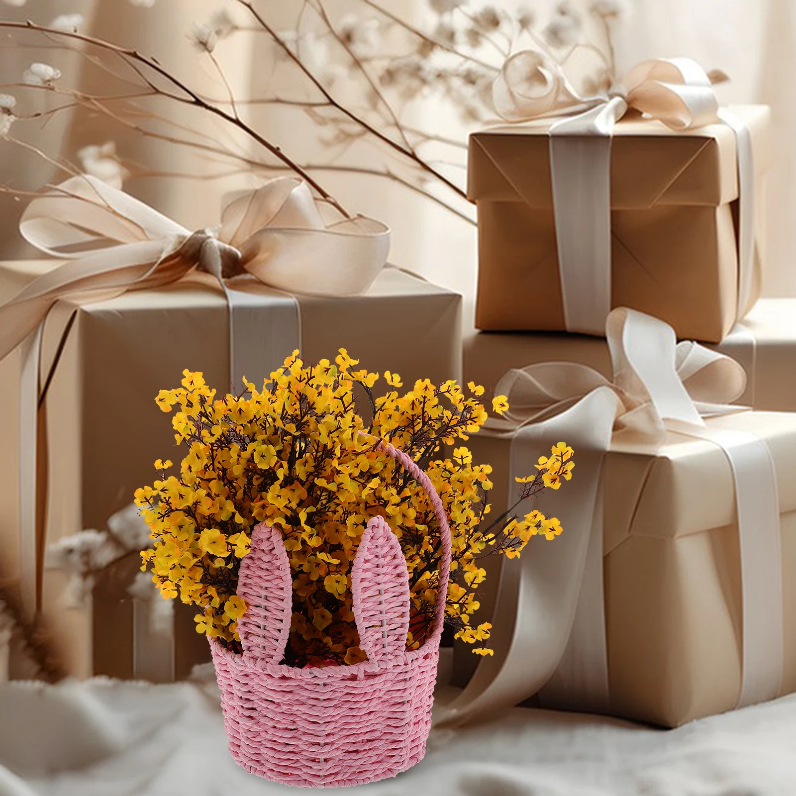 

Willow Basket with Handles Woven Flower Picnic Kids Storage Paper Rope Bunny Candy Bowl