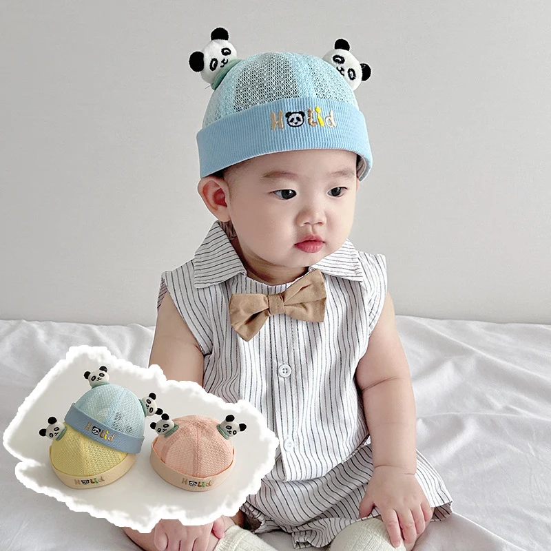 Gorro de malla para niños de verano, gorro de melón con orejas de Panda bonitas, gorros sin ala para bebé de dibujos animados, gorros para niño y niña de 2 a 12 meses