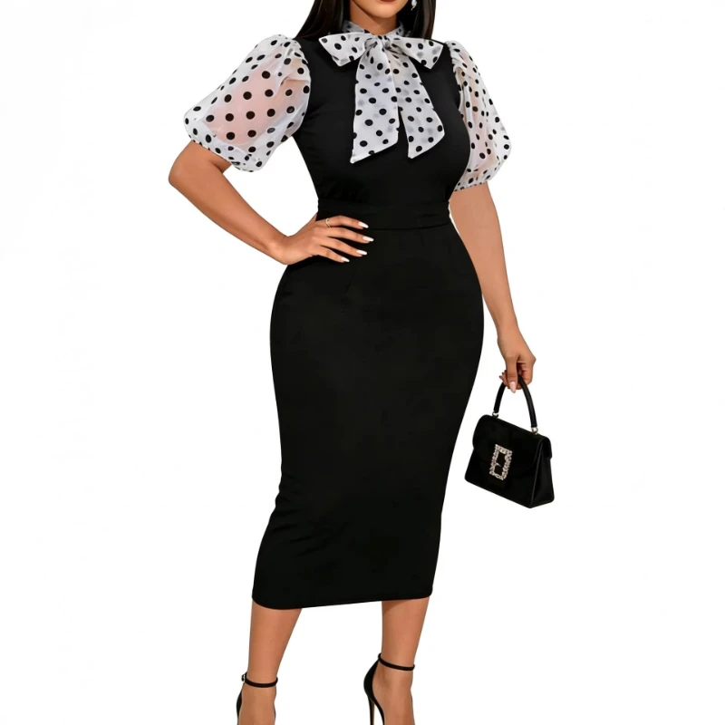 

Long Dress Women Dresses Sexy Vestidos Y2k Streetwear Print Dot Puff Sleeve Hip Wrap Elegant Bow Slim Fit Party Night 2026