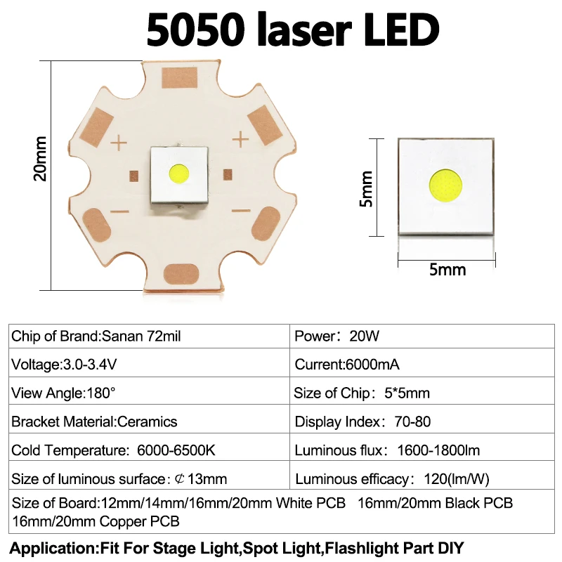 High Power 20W LED Chip Laser Cannon 3V 4V Bead XMLM 5050 Ceramics Cold White 6500K For Outdoor Flashlight Torch Accessory Bulb