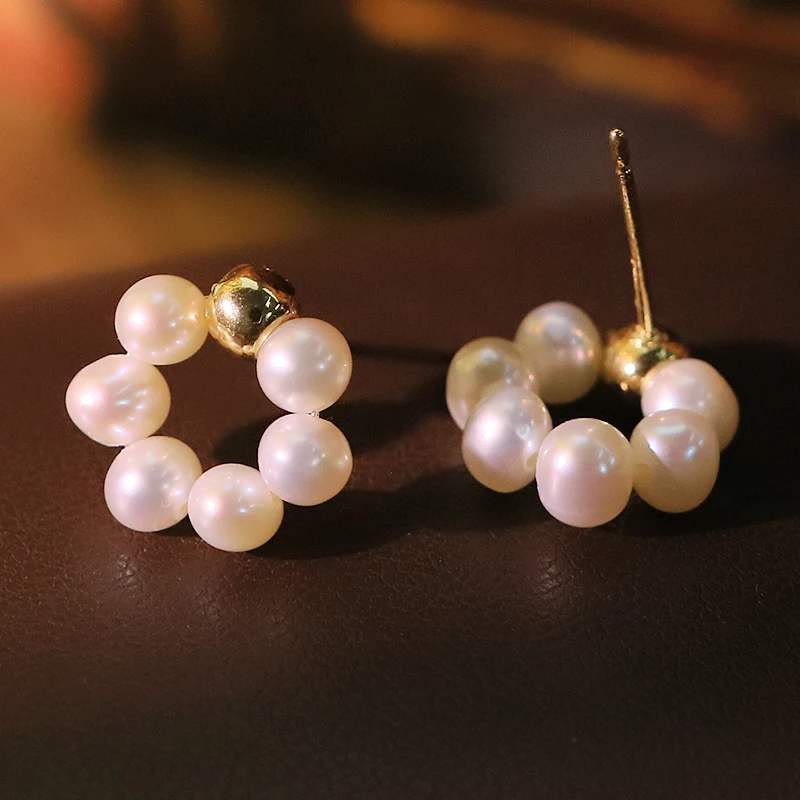 جولة لؤلؤ المياه العذبة الطبيعية النحاس الخرزة الأقراط اليدوية تصميم أقراط الزفاف المرأة مجوهرات GE1785 #1