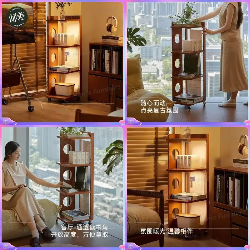 Mobile Bookshelf on Wheels Rolling Corner Shelf Floor Standing Storage Rack Mid Century Modern Bedside Nightstand Trolley