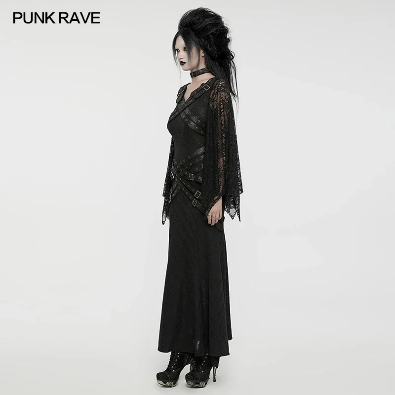 PUNK RAVE Women's Gothic Bat Sleeves V-neck Visual Dress Punk Daily Styling Novel Beautiful Party Club Black Long Dresses