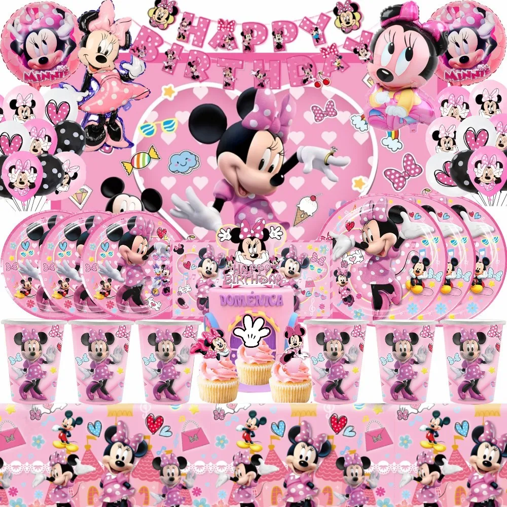 Minnie Mouse Party Decoration Balloons Disposable Tableware Set Pink Minnie Tablecloth Baby Shower Girls Birthday Party Supplies