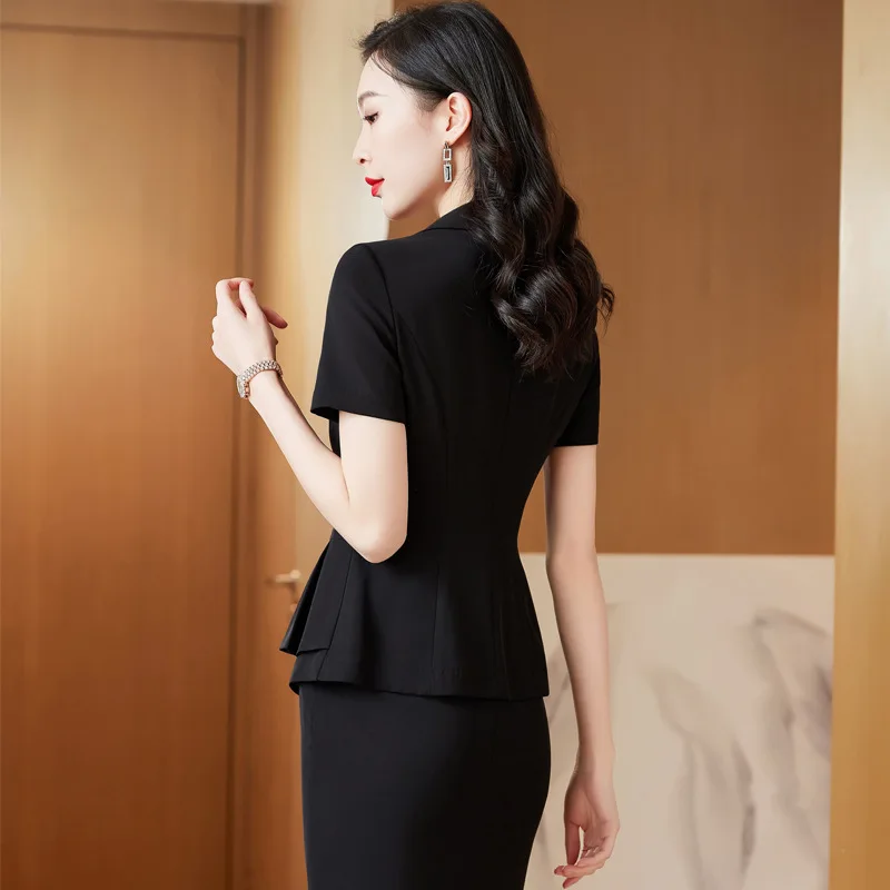 Elegant Black Short Sleeve Suit Jacket with Lace Trim for Women Jewelry Store Work Uniform Summer Professional Outfit Set