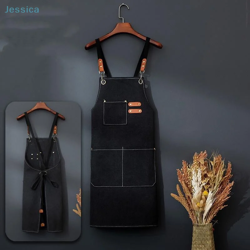 ♥Black Denim Apron with Multiple Pockets Adjustable Straps & Leather Accents, Ideal for Kitchen,Barista,Craft & Workshop Use view 5