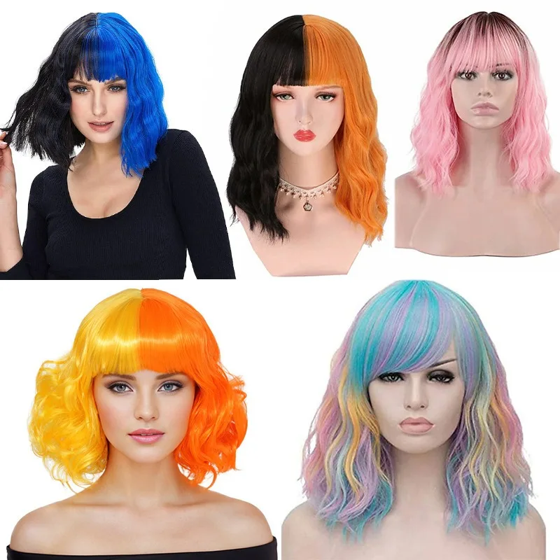 

Halloween Two Tone Color Short Curly Hair Music Festival Dress Up Straight Bangs Waves Roll Bar Perform Headwear Medium Long Wig