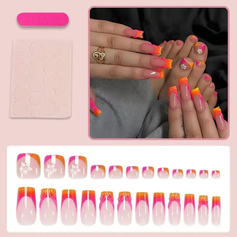 24PCS Pink-orange flame French coffin fake nails nude color gradient 3D flowers rhinestone embossed handcrafted manicure