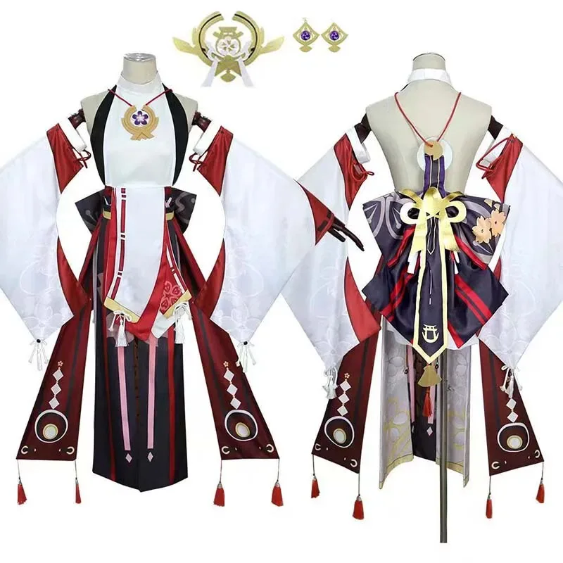 

DY2025Women's Yae Miko Cosplay Costume Jacquard Fabric Anime Character Outfit with Headwear Shorts And Earrings for Halloween Pa