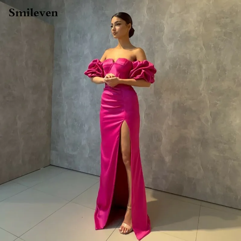 

Smileven Hot Pink Sweetheart Neck Evening Dresses Satin Prom Dresses Side Split Arabic Special Occasion Dresses Party Gowns