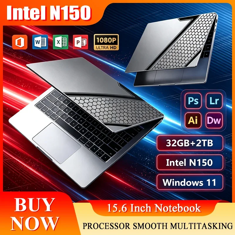 New 15.6'' Laptop Intel Core N150 32GB 2TB Gaming PC Ultra Slim Office Study Computer PC Windows 11 Pro 1920*1080 HD