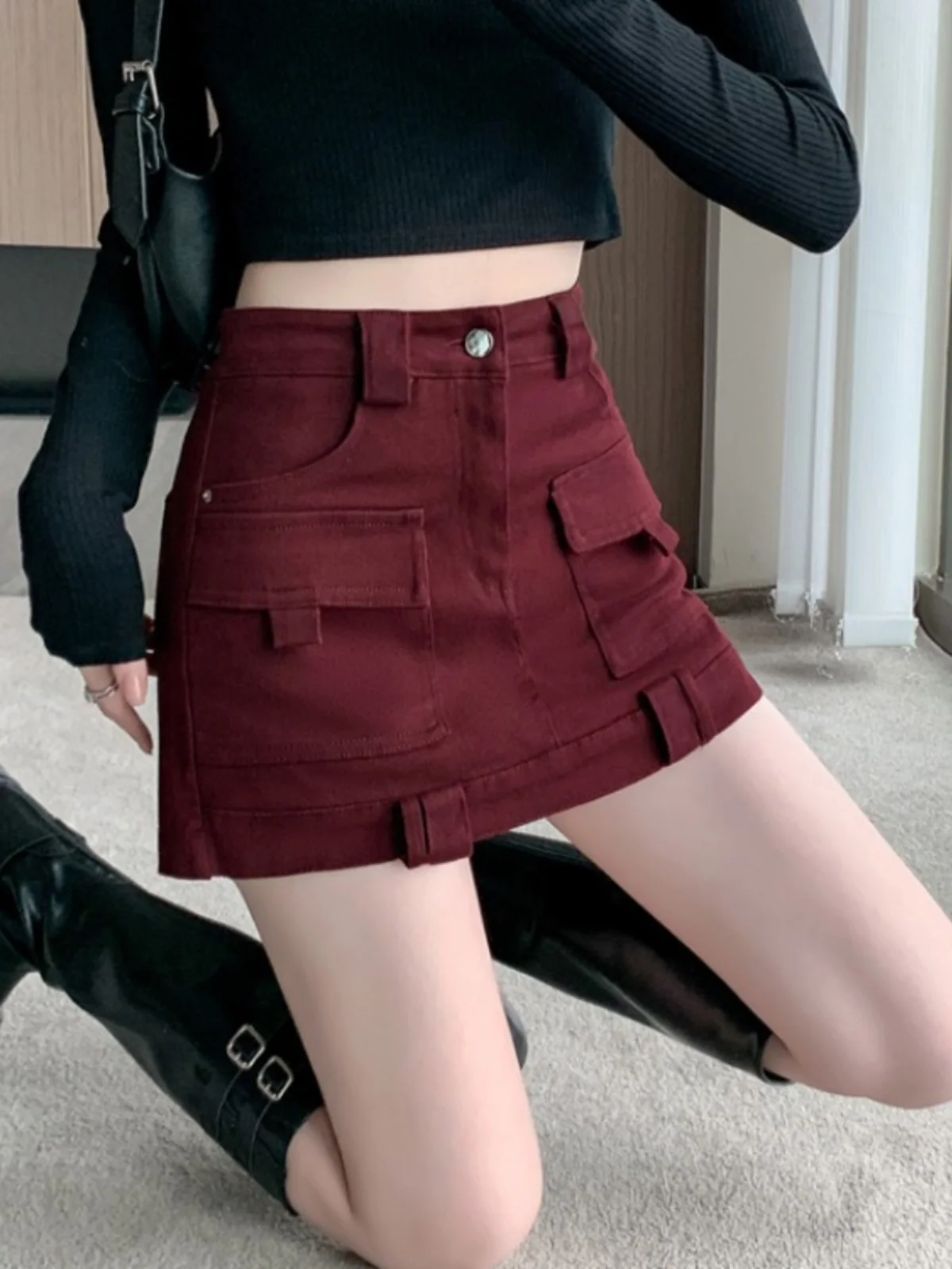 

Сексуальная американская женская джинсовая юбка А-силуэта с высокой талией, облегающая, осенне-зимняя, повседневная, однотонная, из искусственной кожи