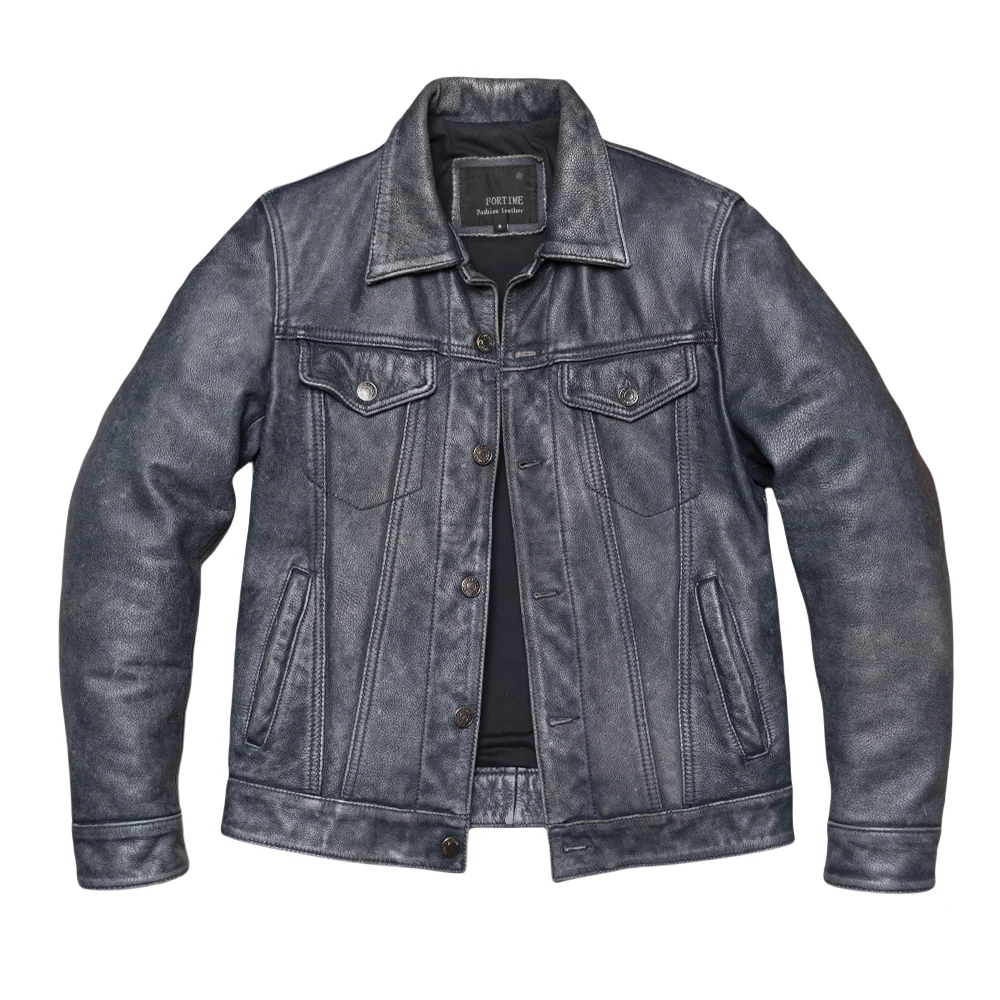 Men's Genuine Cowhide Leather Trucker Jacket Grey Distressed Stone Washed Type III Denim Style Snap Button Vintage Biker Coat