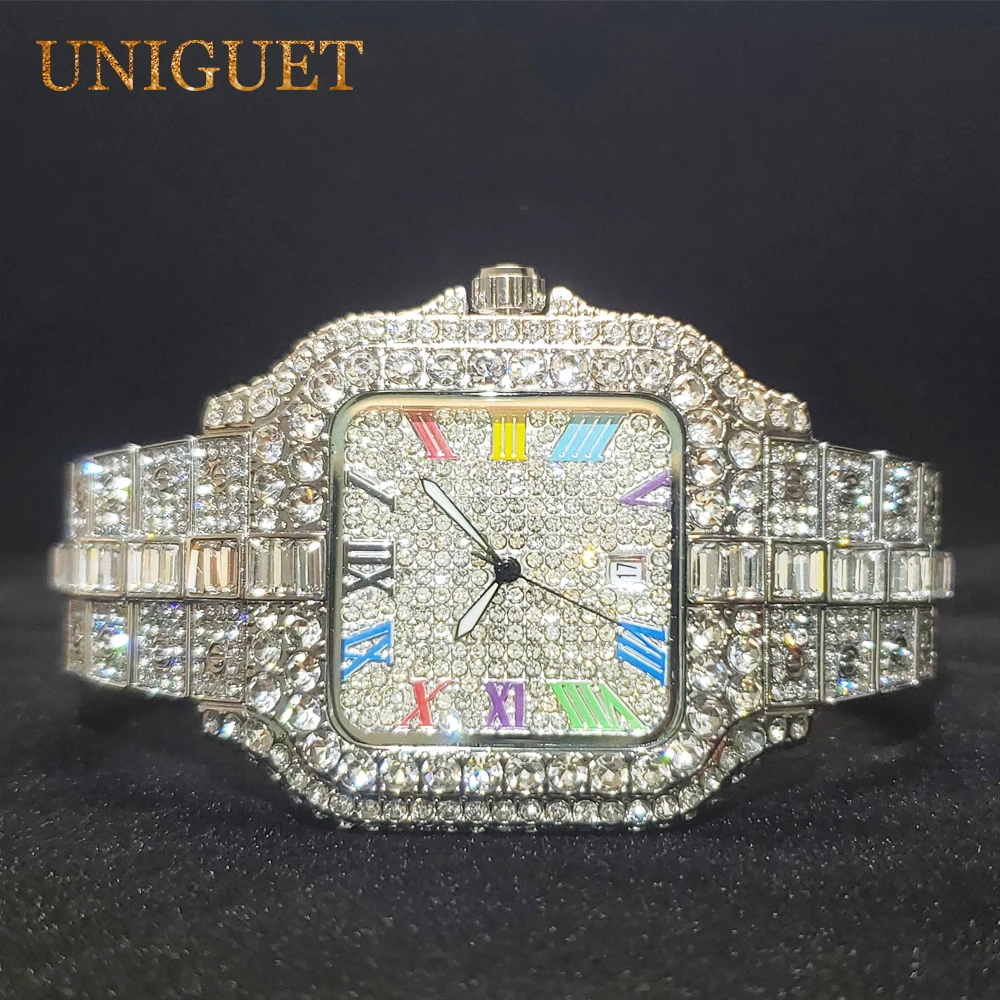 UNIGUET Luxury Diamond Men's Watches With Rainbow Dial Calendar Quartz Watch For Man Fashion Hip Hop Iced Out Wristwatches Gift