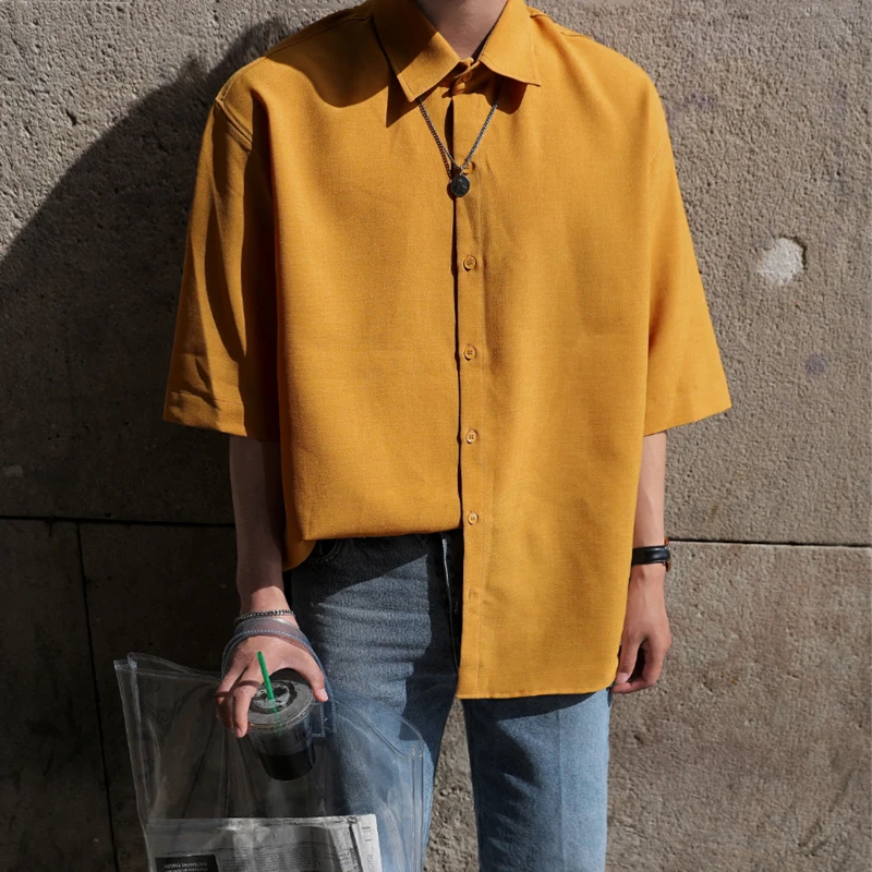 

2022 Summer Men's Fashion Loose Solid Color Shirts Male Korean Short Sleeve Thin Shirts Men Single Breasted Casual Shirts V59