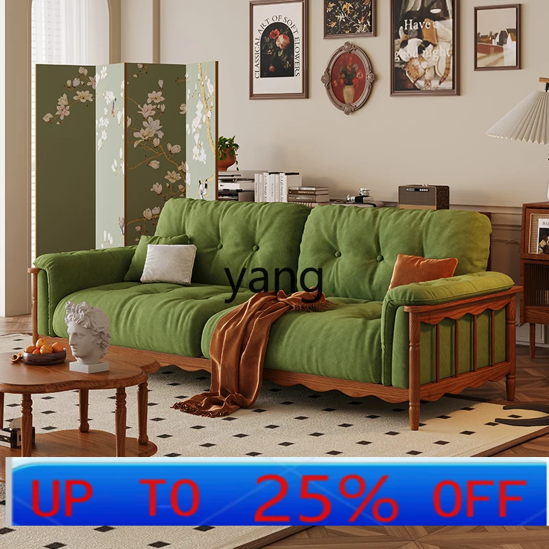 

LMM pure solid wood fabric sofa straight row antique living room small apartment removable and washable